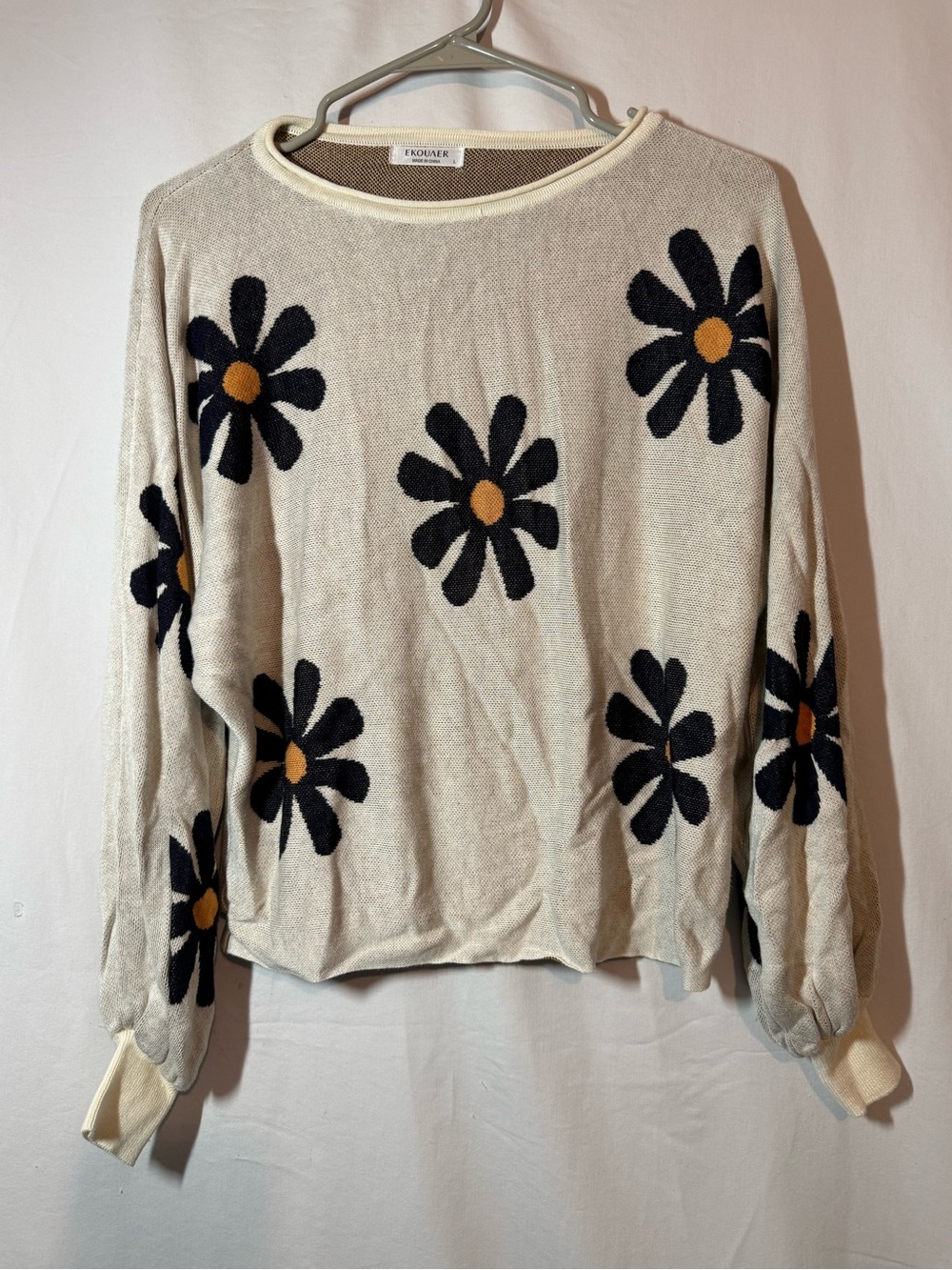 Ekouaer Women’s Large Daisy Floral Knit Sweater Cream Black Balloon Sleeve